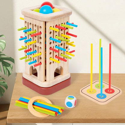 3-in-1 Holz Turmspiel mit Stäbchen & Kugeln - Interaktives Familienspiel