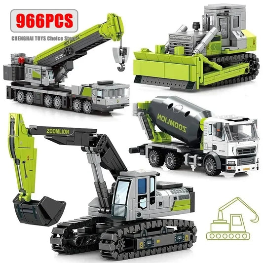Bausteine Baufahrzeuge Set - Kran, Bagger, Bulldozer & Betonmischer
