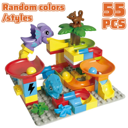 55PCS Große Bausteine Marmor Rennen Run Track Dinosaurier Und Große Ziegel Rolling Ball Rutsche Trichter Spielzeug Für Kinder pädagogisches Spielzeug