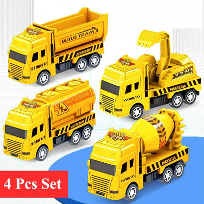 Baufahrzeuge Spielzeug Set - 4 Stück - Pull-Back Autos mit Kran, Betonmischer, Muldenkipper & Tankwagen