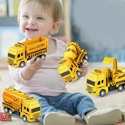 Baufahrzeuge Spielzeug Set - 4 Stück - Pull-Back Autos mit Kran, Betonmischer, Muldenkipper & Tankwagen