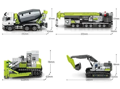 Bausteine Baufahrzeuge Set - Kran, Bagger, Bulldozer & Betonmischer