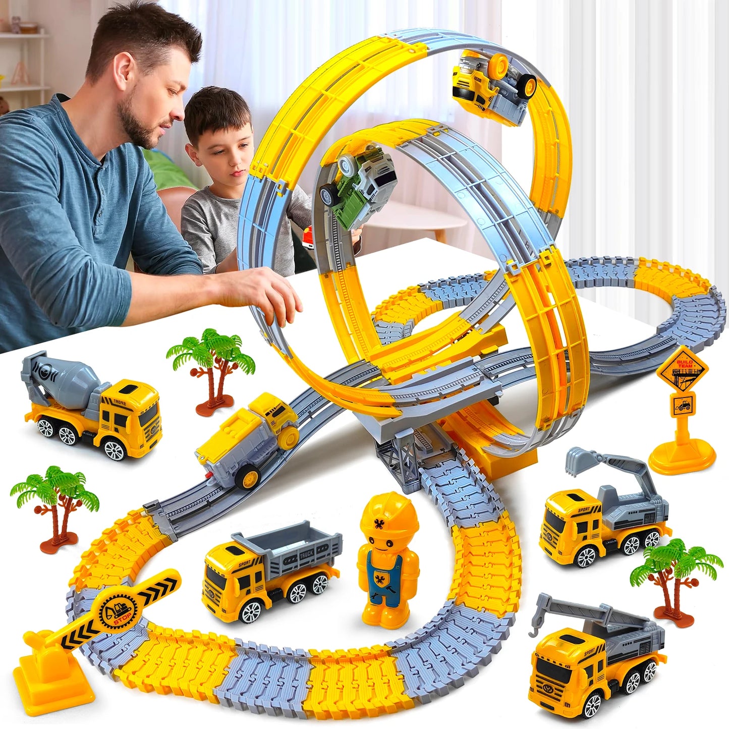 Gelbe Rennstrecke mit Baufahrzeugen - 193-teiliges Spielset