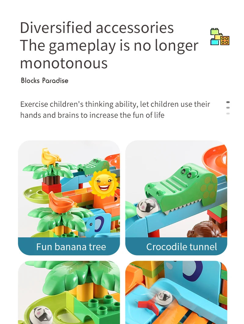 Neueste Große Größe Plattenspieler Marmor Rennen Run Bausteine Kreative Klavier DIY Blöcke Kunststoff Trichter Rutsche DIY Montage Ziegel