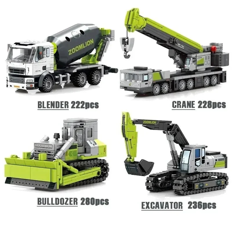 Bausteine Baufahrzeuge Set - Kran, Bagger, Bulldozer & Betonmischer