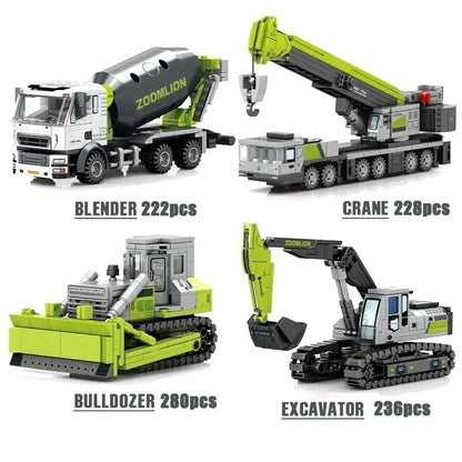 Bausteine Baufahrzeuge Set - Kran, Bagger, Bulldozer & Betonmischer