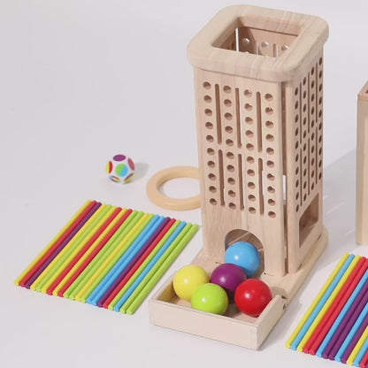 3-in-1 Holz Turmspiel mit Stäbchen & Kugeln - Interaktives Familienspiel
